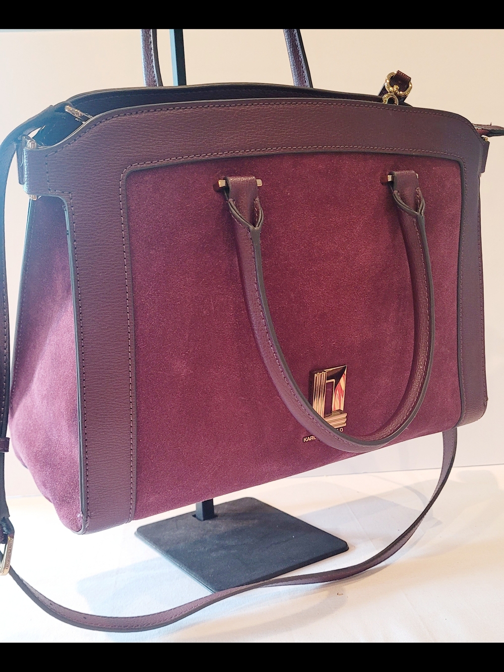Karl Lagerfeld Plum Suede and Leather Shoulder Satchel - Picture 3 of 8